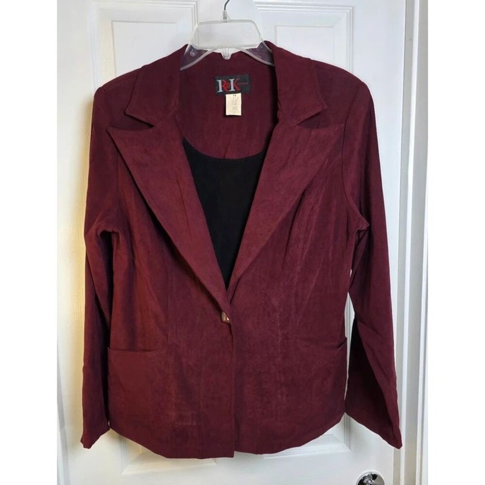 Vintage R&K Originals Burgundy Faux Suede Layered Blazer Jacket - Size 14 Maroon